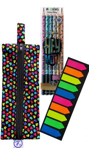 Pack estuche Corazones + Set lápices de colores metalizados + Banderitas