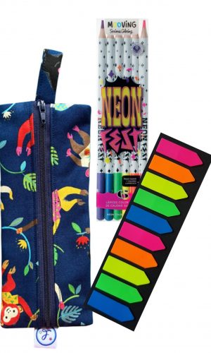 Pack estuche Monitos + Set lápices de colores neón + Banderitas