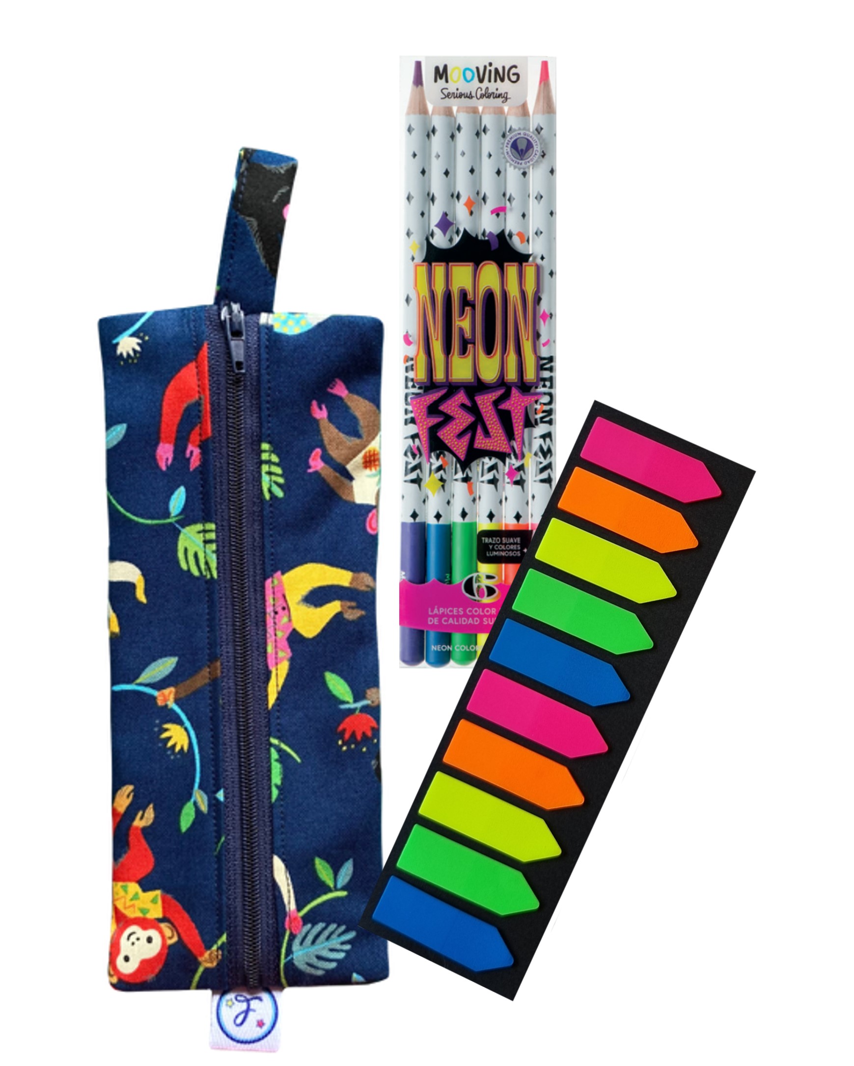 PACK ESTUCHE MONITOS CON LAPICES MINA NEON