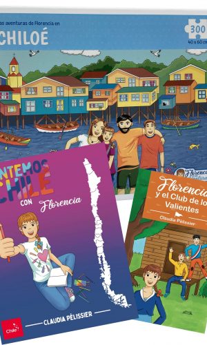 Pack Rompecabezas Florencia en Chiloé + Libro Florencia y el Club de los Valientes + Libro Pintemos Chile con Florencia