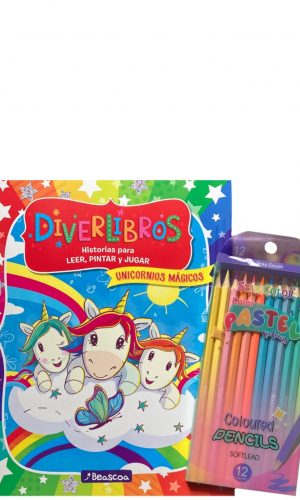 Libro para colorear – Diverlibros – Unicornios mágicos + 12 lapices colores pastel