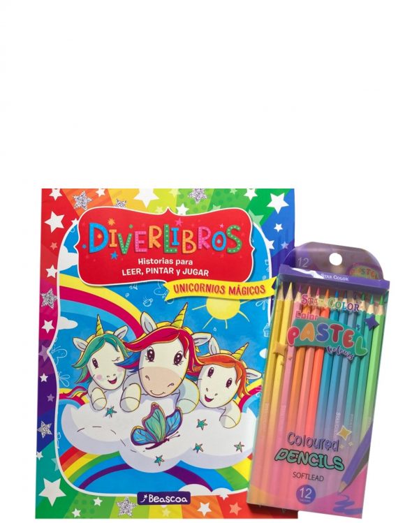 DIVERLIBROS UNICORNIOS MÁGICOS + MÁS 12 LÁPICES PASTEL