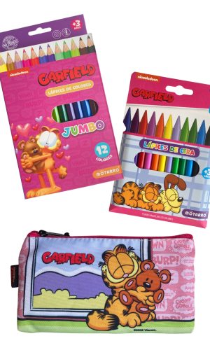 Pack Escolar Garfield – Estuche, lápices cera, lápices jumbo