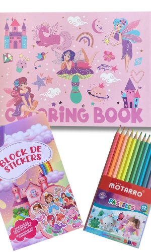 Libro para colorear Princesas + 12 lápices pastel + Block stickers