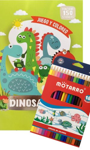 Libro para colorear – Juego y coloreo dinosaurios con stickers + 18 lápices de colores