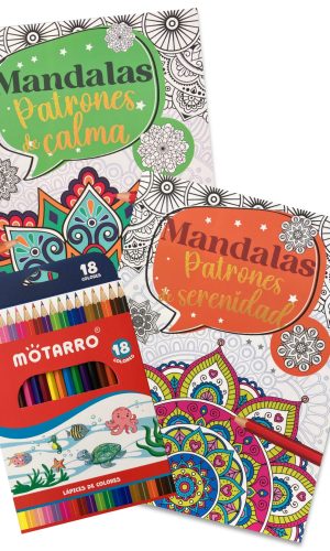 Pack Libros para colorear – Mandalas Patrones de Serenidad + Patrones de Calma + 18 lápices de colores