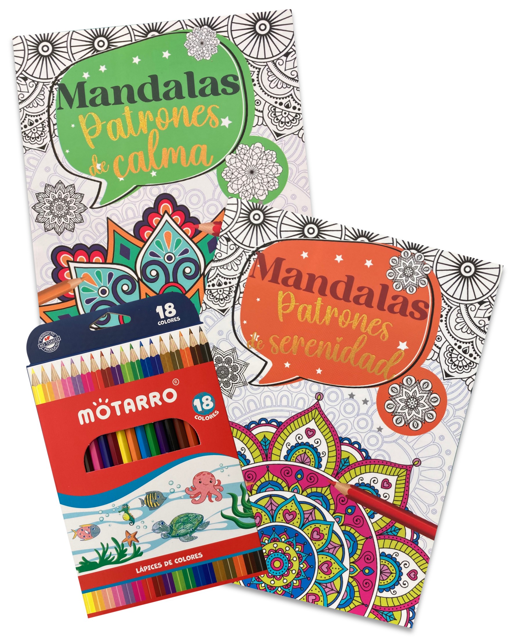 MANDALAS PATRONES DE CALMA + PATRONES DE SERENIDAD + 18 LÁPICES DE COLORES