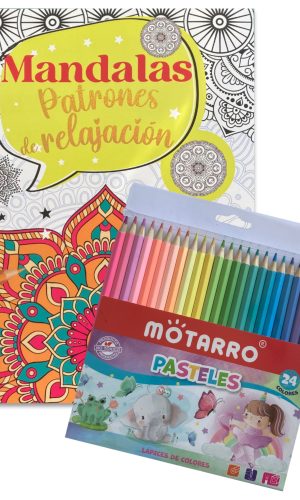 Libro para colorear – Mandalas Patrones de Relajación + 24 lápices pasteles